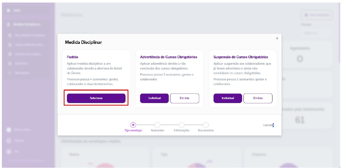 Tela real do ElevaRH para seleção e configuração de um fluxo de medida disciplinar