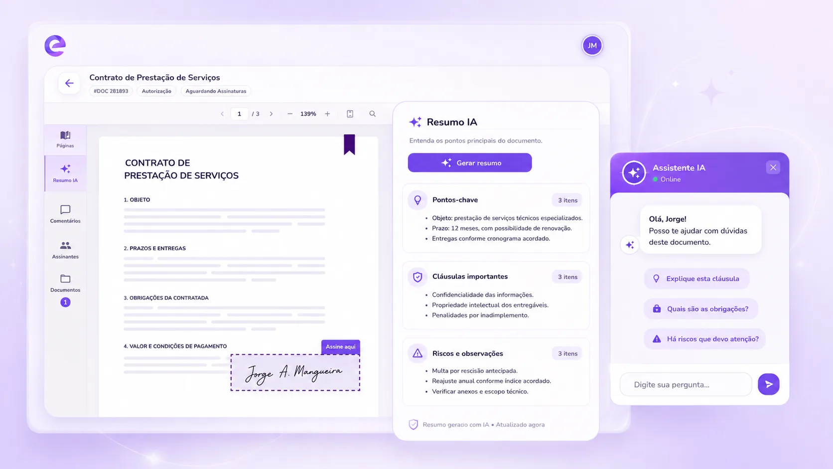 Interface de contratos com resumo e assistente de inteligência artificial
