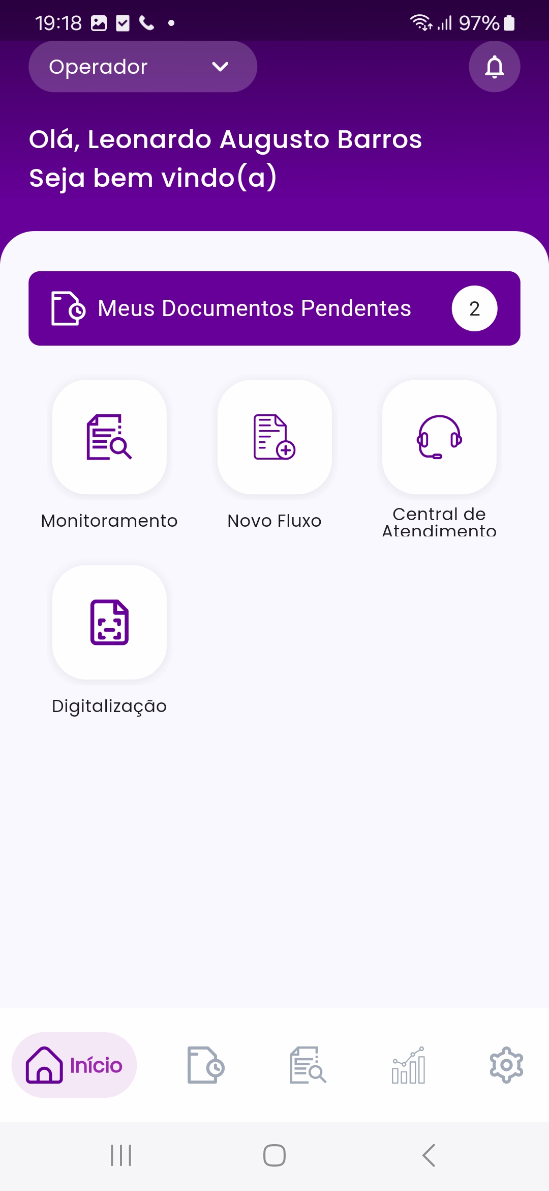 Início do app ElevaSign com pendências, monitoramento e acesso a um novo fluxo