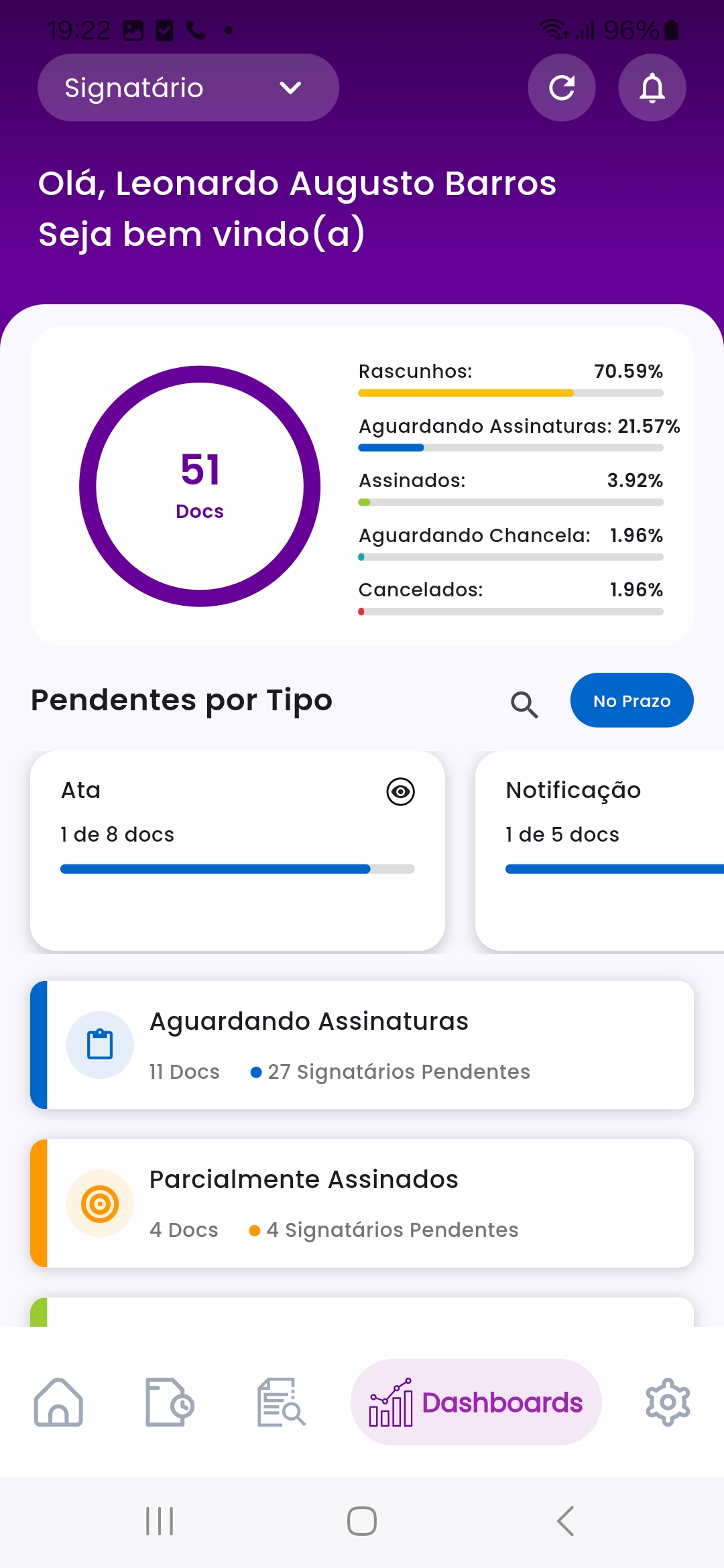 Tela do Eleva App com indicadores e pendências de documentos